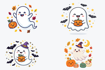 Fototapeta premium Cute Halloween Ghost and Pumpkin Vector Set, Spooky Kawaii Character Clipart Bundle for Seasonal Design