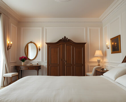 Chambre classique raffin&eacute;e avec armoire en bois sculpt&eacute;, miroir ovale et moulures blanches sur les murs, cr&eacute;ant une ambiance &eacute;l&eacute;gante et intemporelle