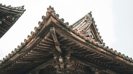Fototapeta premium Traditional Japanese Temple Roof Architecture Featuring Intricate Wooden Beam Construction Detail