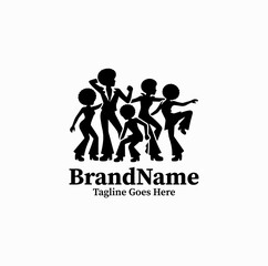 Obraz premium Black image vector logo silhouette of retro groovy characters dancing at festival on white background