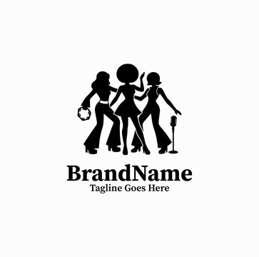 Black image vector logo silhouette of retro 70s groovy people dancing at club on white background