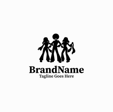 Black image vector logo silhouette of vintage groovy dancers performing on stage on white background