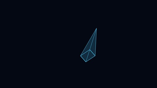 Rotating blue wireframe pyramid geometric shape animation on dark 4k background