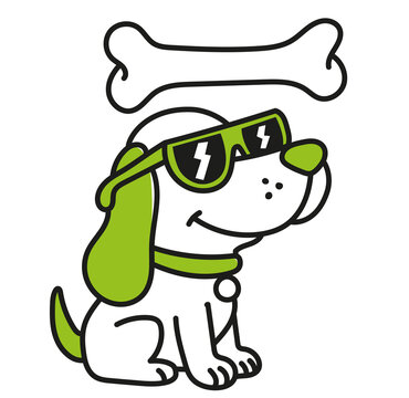 Perro con gafas de sol y hueso equilibrado. Ilustraci&oacute;n a linea estilo doodle con fondo transparente PNG.