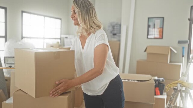 Woman holding cardboard boxes and standing with arms crossed amid packed moving boxes in a building; satisfaction resilience.