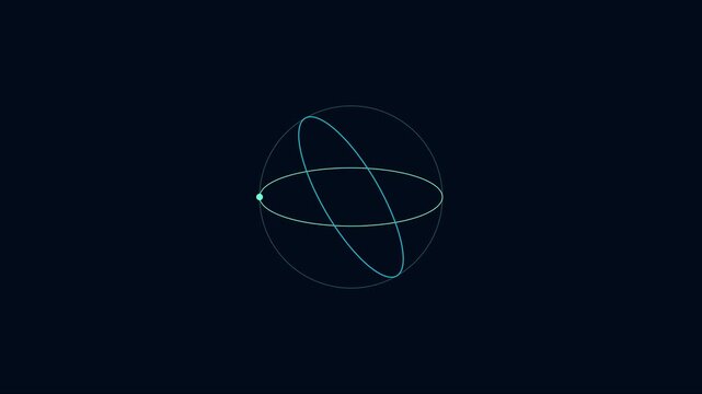 Abstract atom model with rotating orbital rings and glowing particle motion on dark animation 4k background