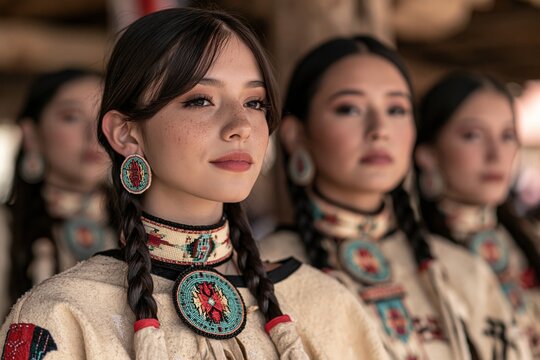 Group of beautiful attractive indigenous Native American women looking away	
