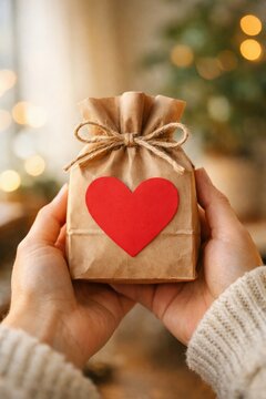 Hands holding small kraft gift bag with red paper heart for romantic present and holiday gift background for valentines or cozy seasonal card