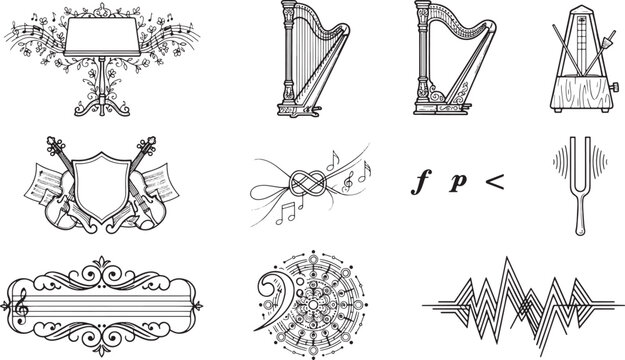 Set of musical instruments and symbols including harps, metronome, violin shield, treble clef, and sound wave patterns in line