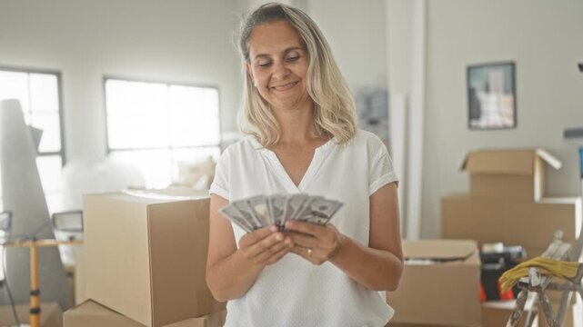 Woman middle age blonde smiling counting dollars with hands beside stacked moving boxes and packing materials, ladder and cardboard cartons in bright building; financial relief.