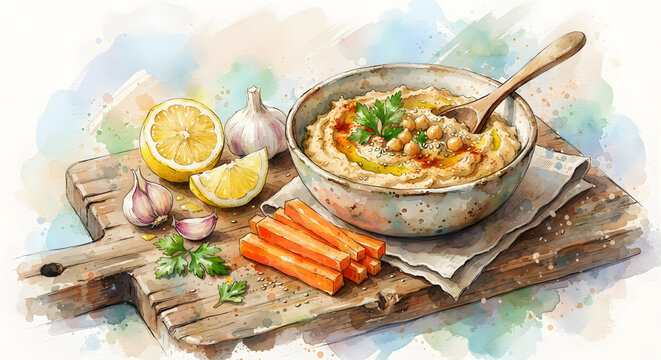A rustic serving board with homemade hummus and fresh vegetables