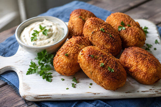 A collection of golden-brown fried croquettes served on a white distressed wooden cutting board with a bowl of creamy dip and fresh parsley.