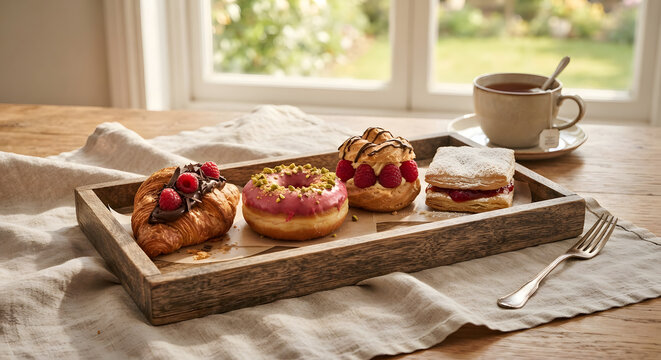 Assorted Gourmet Pastries in a Wooden Tray