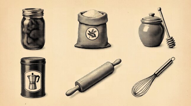 Baking and cooking tools showing vintage style kitchen staples in monochrome line art.