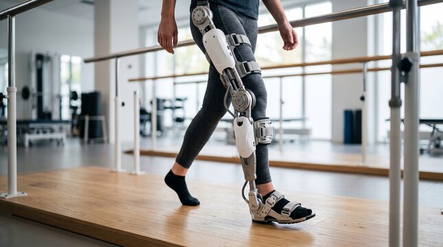 Patient walking with bionic robotic leg exoskeleton in clinic