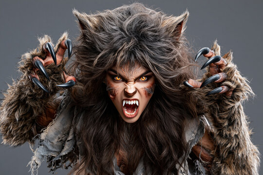 Snarling werewolf woman with claws bared and glowing eyes on gray background, Halloween portrait