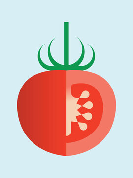 Minimal flat vector illustration of a red tomato cut open to reveal its inner structure and seeds, designed with clean geometric shapes and contrasting colors.