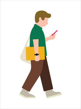 Flat vector illustration of a casually dressed man walking while looking at his smartphone and carrying a shoulder bag and laptop, representing mobile technology and modern urban lifestyle.
