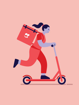 Colorful flat vector illustration of a female food delivery courier riding a kick scooter with a large delivery backpack, representing fast urban delivery and online food ordering.
