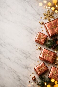 Christmas wrapped gifts on marble background with gold decorations and warm bokeh lights for holiday banner and seasonal background design