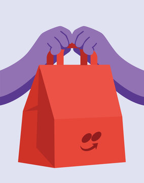 Flat vector illustration of two hands holding the handles of a red shopping bag, representing retail shopping, purchases, ecommerce and consumer lifestyle.
