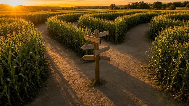  Elevated view of signpost in corn maze at sunset, navigation and exploration concept