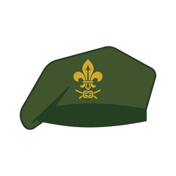 Illustration of a green military-style hat with a gold emblem.