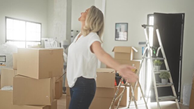 Woman with moving boxes and ladder, arms outstretched while unpacking in a studio; relief new beginning.