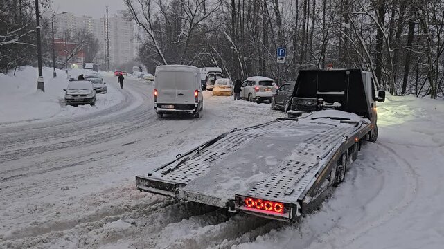 MOSCOW - JAN 29, 2026: Snowy road with a flatbed tow truck parked beside it. Tow truck red lights flash as it waits. Cars travel slowly around the snowy curve. Winter trees line the background quietly