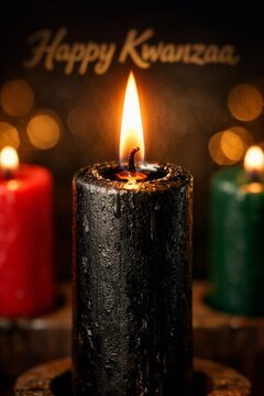 Kwanzaa kinara candle closeup with black central candle and red and green candles for kwanzaa greeting card and holiday banner design
