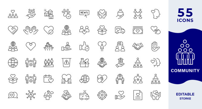 Community line editable icon set. Containing community, teamwork, support, family, neighborhood, unity, diversity, handshake, charity, and more. Editable stroke. Vector illustration