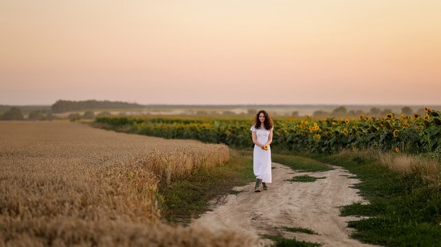 Young woman in white dress walks on dirt road through fields at sunset