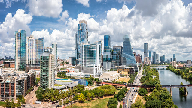 Austin skyline panorama along Colorado River. Austin is the capital city of the U.S. state of Texas