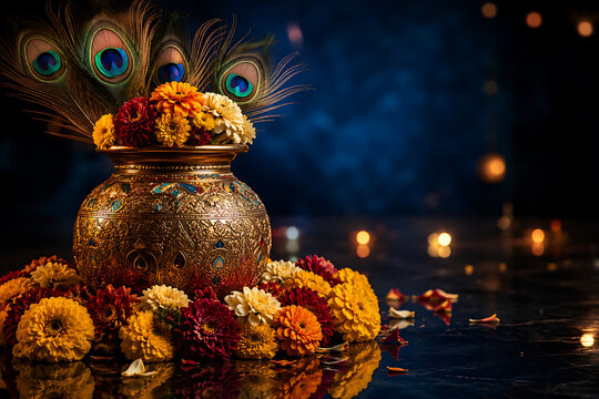 Beautiful decorative brass pot with colorful flowers and peacock feathers celebrating the holy festival of krishna janmashtami for lord krishna temple worship