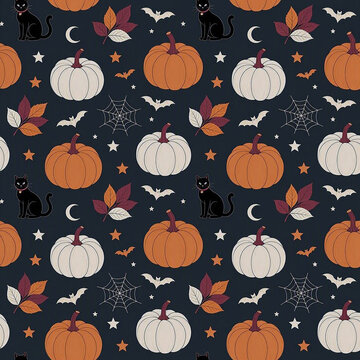 Cute Halloween Seamless Pattern with Pumpkins, Black Cats, Bats, Spider Webs and Autumn Leaves