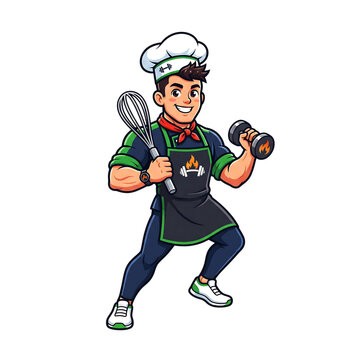 Strong male chef character wearing an apron and cooking hat holding a kitchen whisk and dumbbell