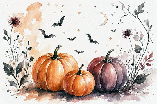 Watercolor Halloween Background with Pumpkins, Bats and Autumn Leaves