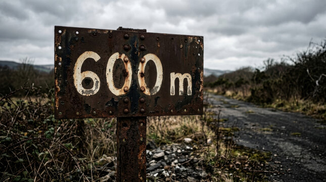 A Rusted Sixty Meter Marker Sign Along A Desolate And Overcast Path