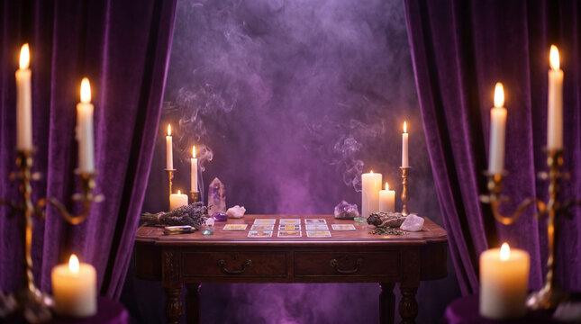 Mystical tarot reading table with burning candles, crystals, and purple smoke framed by velvet drapes with copy space
