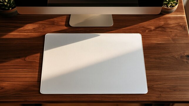 Blank Mouse Pad Mockup on Wooden Desk with Monitor and Sunlight Shadow