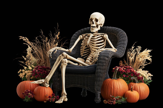 Skeleton sitting relaxed on porch steps surrounded by pumpkins and mums, Halloween decoration scene