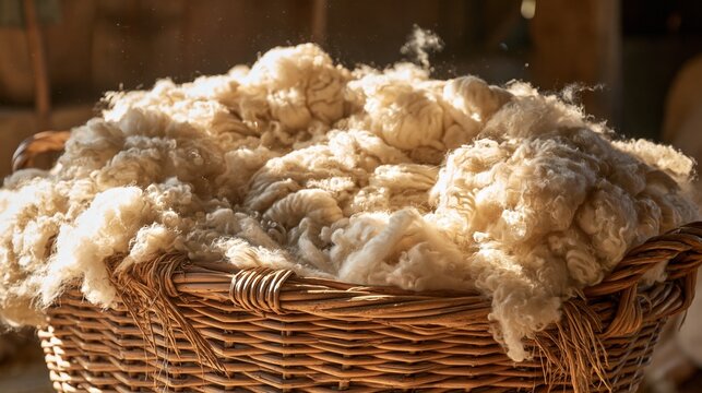 Freshly Sheared Raw Sheep Wool Piled in a Rustic Wicker Basket