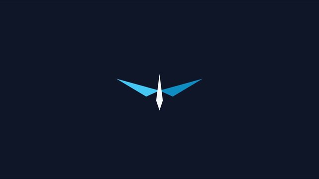 Minimalist bird animation with blue wings flapping on dark 4k background, for modern branding, and corporate identity