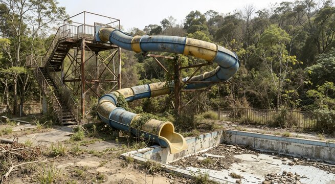 Faded blue and yellow abandoned water slide ending in an empty dirt-filled pool. Rusty amusement park structure overgrown with vegetation