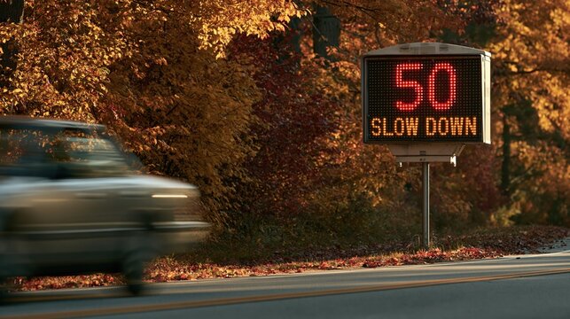 Radar Speed Sign Displaying 50 and Slow Down Warning as Car Speeds Past on Autumn Road