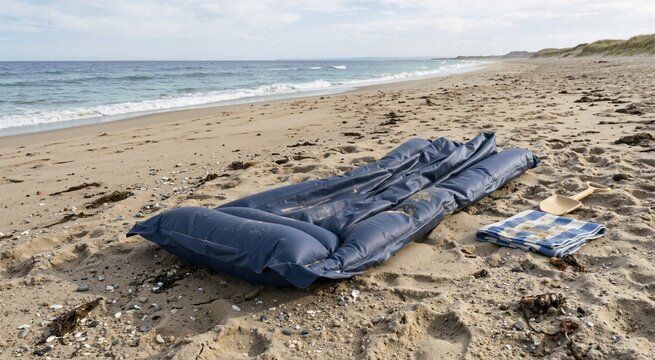 Deflated blue inflatable mattress on a sandy beach. Folded striped towel and wooden shovel by the ocean. End of summer vacation concept