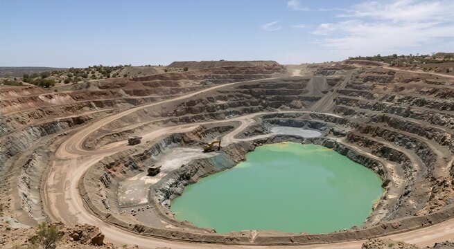Large open pit mine with bright green water pool at the bottom. Heavy machinery and dump trucks operating in deep terraced excavation site