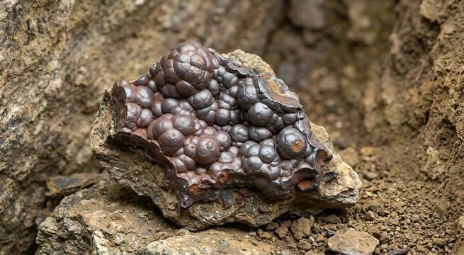 Botryoidal hematite kidney ore specimen on dirt. Close up of dark metallic iron oxide mineral with globular bubbly texture. Natural geological rock formation