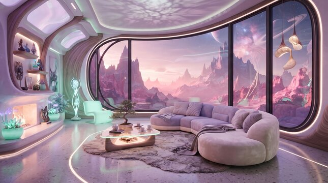 Futuristic living room interior with large curved window overlooking alien mountain landscape at sunset, sci fi interior