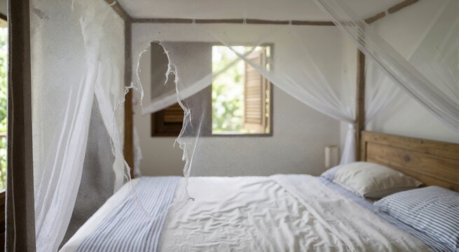 Ripped hole in white mosquito netting over wooden bed. Torn mesh fabric canopy in tropical bedroom interior. Damaged insect protection with frayed edges